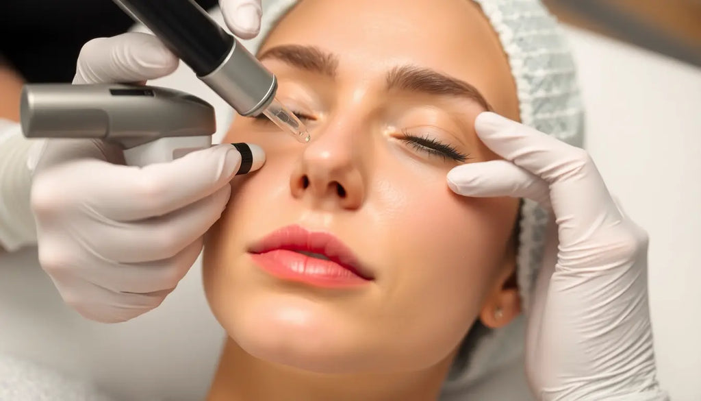 Microneedling procedure with serums on a patient's face