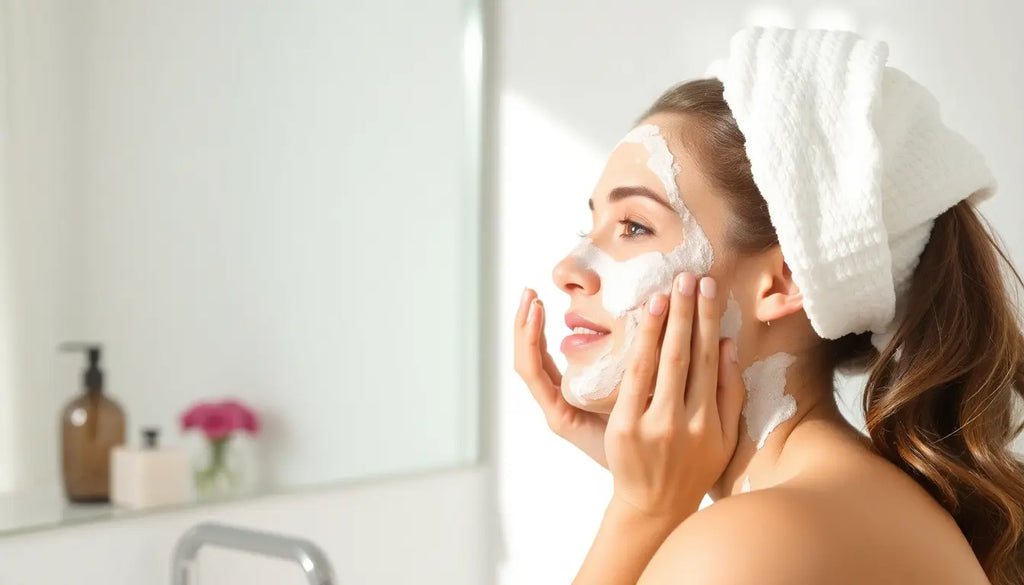 A woman applying a facial scrub in a bright bathroom