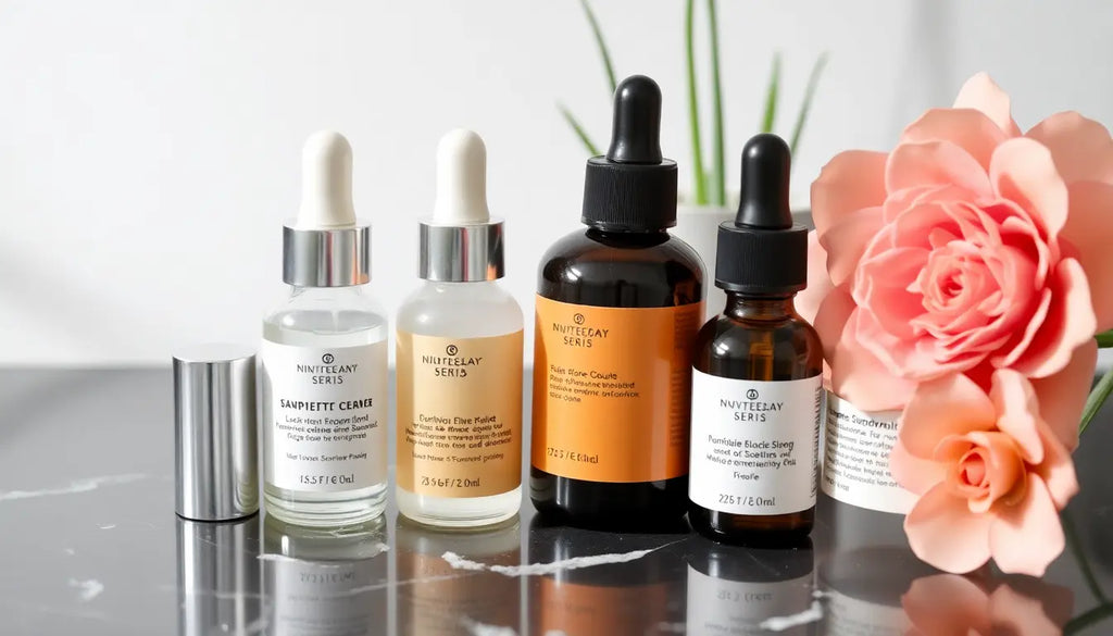 Selection of skincare serums featuring the best anti-aging skincare ingredients for youthful skin