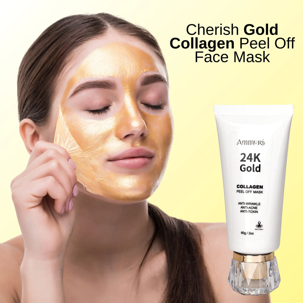 Ammuri Beauty 24K Gold Peel Off Mask being applied to a woman's face for skin rejuvenation
