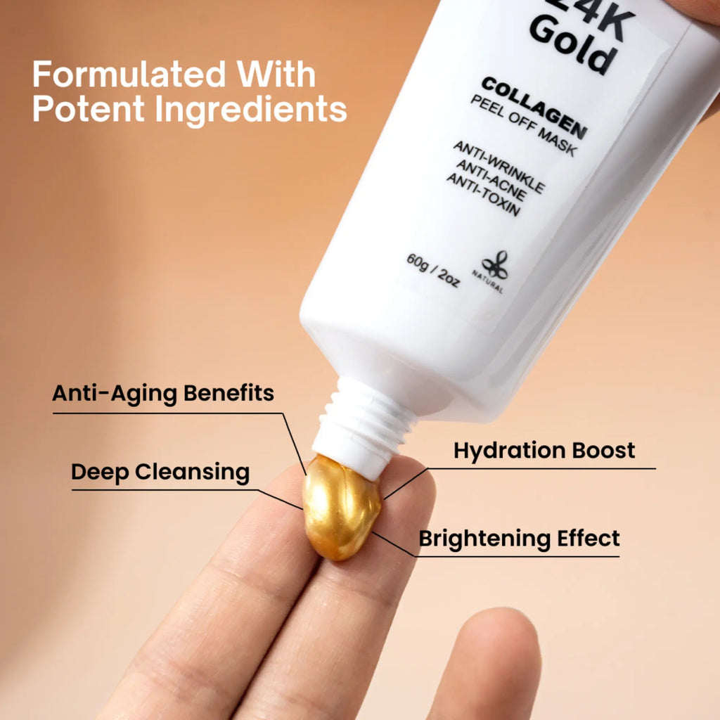 Ammuri Beauty 24K Gold Peel Off Mask tube with golden formula for anti-aging and deep cleansing benefits