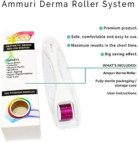 Ammuri Durable Quality Derma Roller Micro Needle Titanium for Skin Internal Regeneration Acne Scar Wrinkle Anti Age Boost Collagen Cellulite & Stretch Mark Treatment Ammuri Skincare