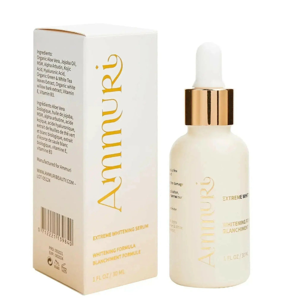Ammuri Skincare Kojic Acid Whitening Serum in a dropper bottle with elegant packaging for brightening skin