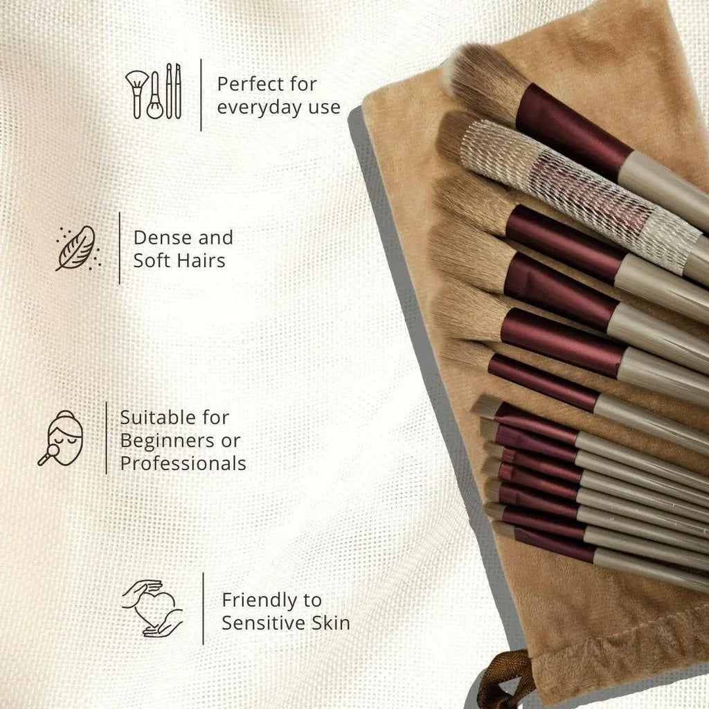 Ammuri Skincare 13-Piece Professional Vegan Makeup Brush Set with Pine & Burgundy Finish and Travel Pouch.