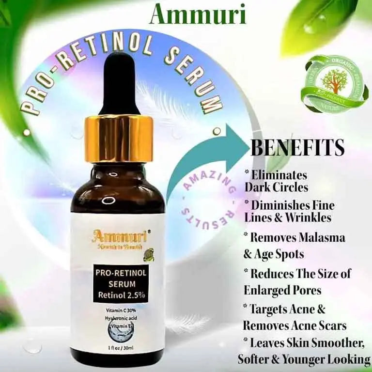 Pro-Retinol Serum - Premium 2.5% Retinol, Vegan Hyaluronic Acid & Jojoba Oil - Ammuri Beauty