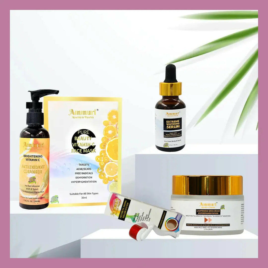 Ammuri Skincare skin pigmentation treatment package featuring cleanser, serum, face mask, and cream