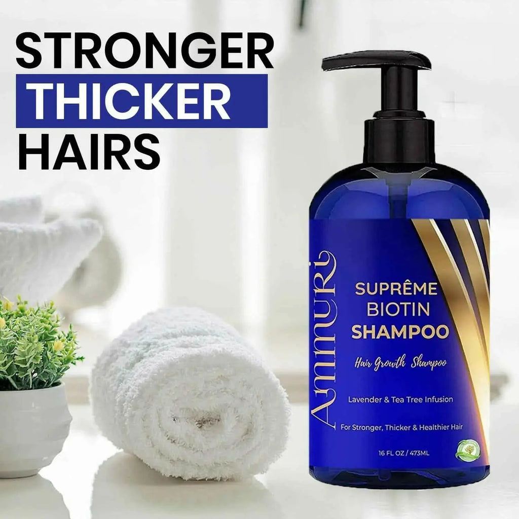 Ammuri Skincare Supreme Biotin Shampoo for unisex thinning hair treatment, promoting stronger and thicker hair.