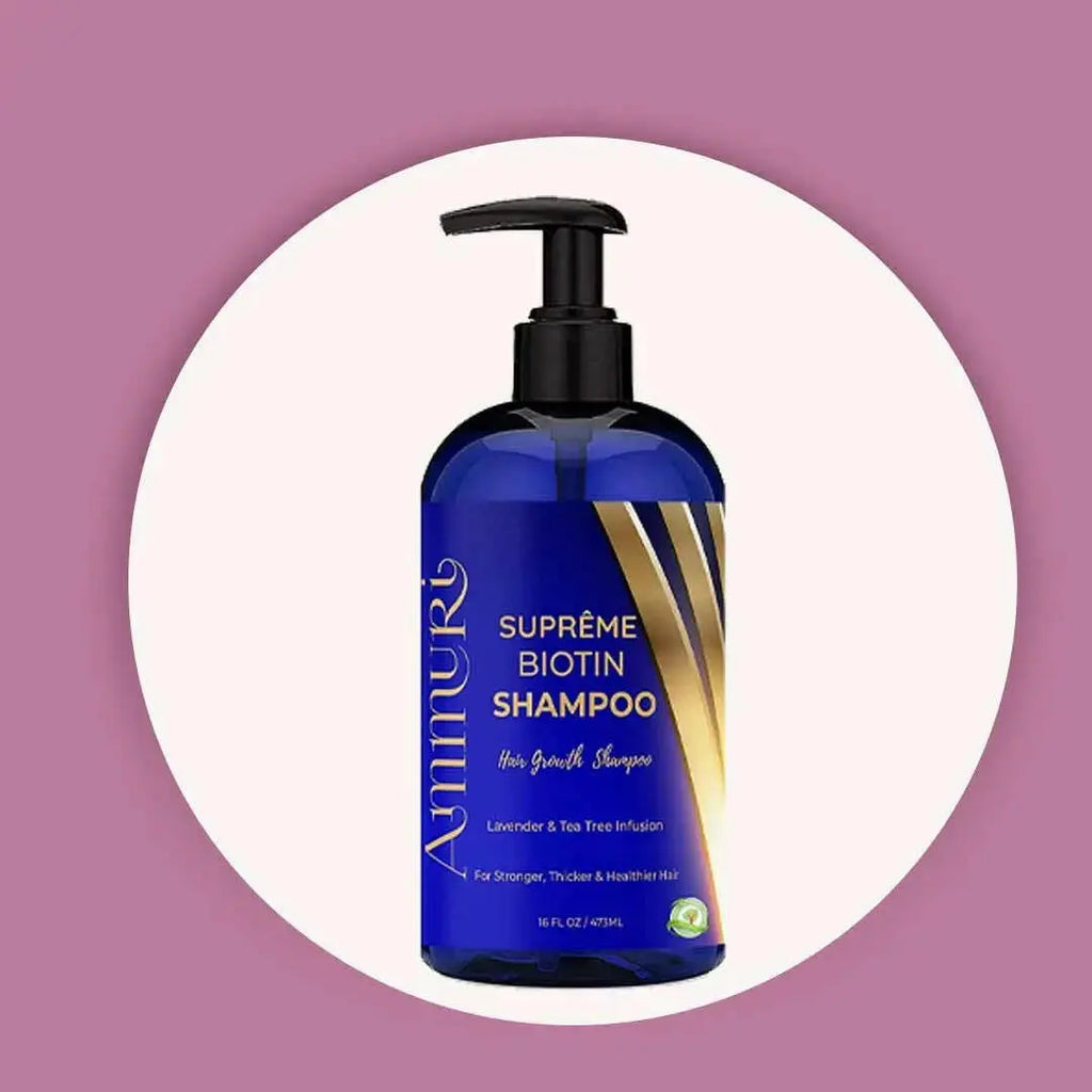Ammuri Skincare Supreme Biotin Shampoo bottle for unisex thinning hair treatment with lavender and tea tree infusion