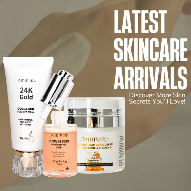Latest Ammuri Beauty face lightening skincare products including collagen mask and brightening serum
