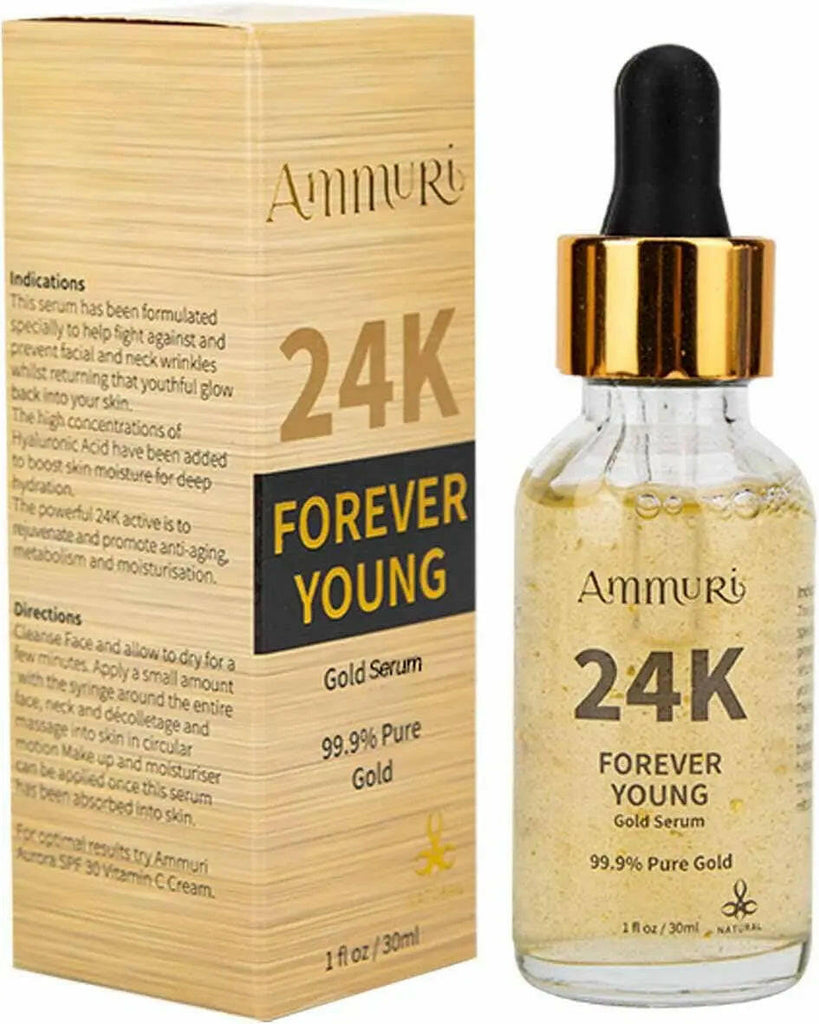 Ammuri Beauty 24K gold face serum in a glass bottle with a dropper and golden cap packaging