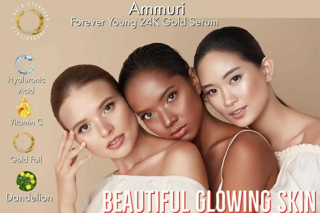 Ammuri Skincare 24k gold face serum featuring three women showcasing radiant skin and natural beauty