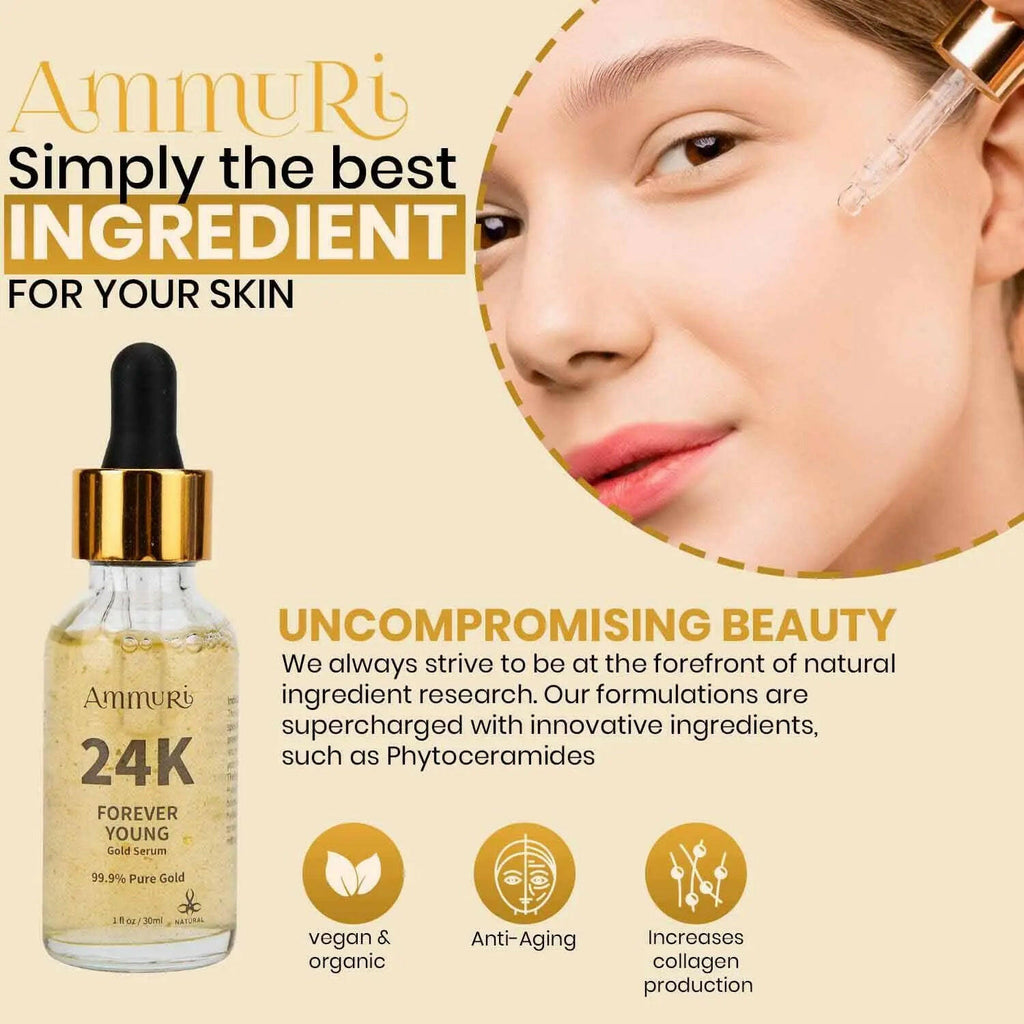 Ammuri Beauty 24K gold face serum in a glass bottle, promoting anti-aging and collagen production
