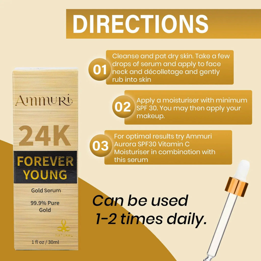 Ammuri Skincare 24k Gold Face Serum in wooden box with dropper for youthful, hydrated skin