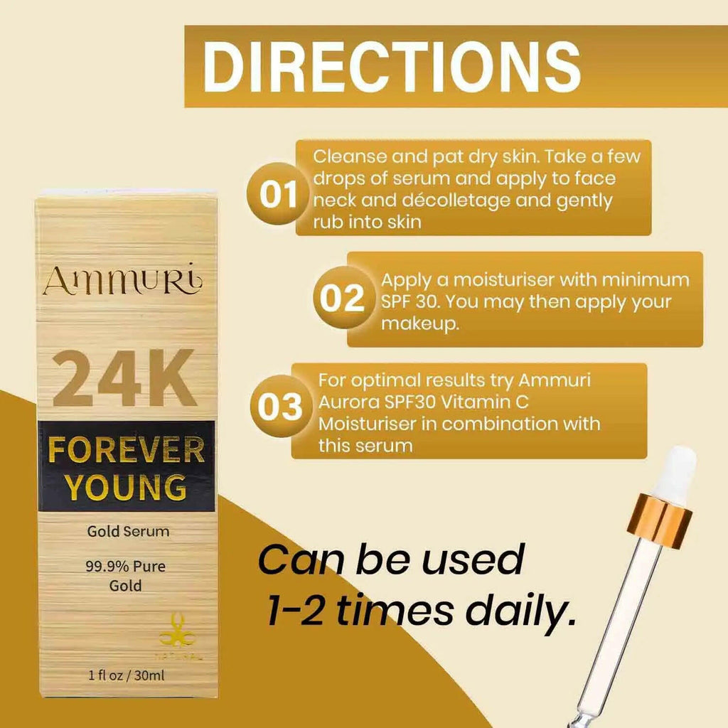 Ammuri Beauty 24K gold face serum in a wooden box with directions for rejuvenating skin care