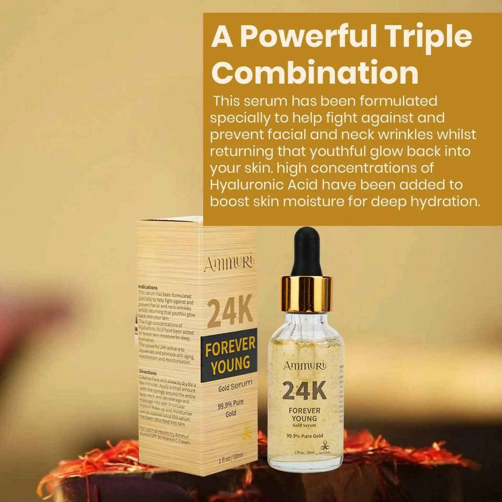 Ammuri Beauty 24K gold face serum in a glass bottle with a dropper for anti-aging and hydration