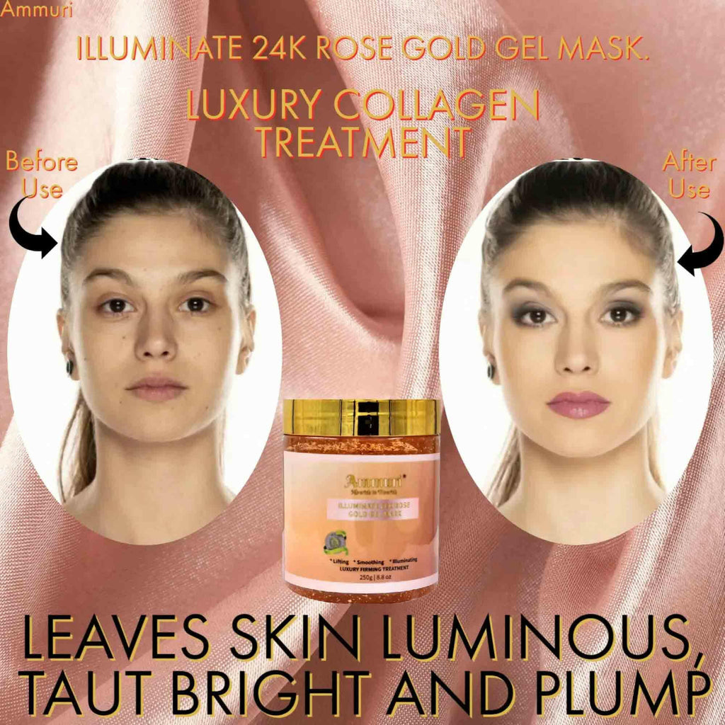Ammuri Skincare 24K rose gold peel off mask showing before and after results for a luminous and plump complexion