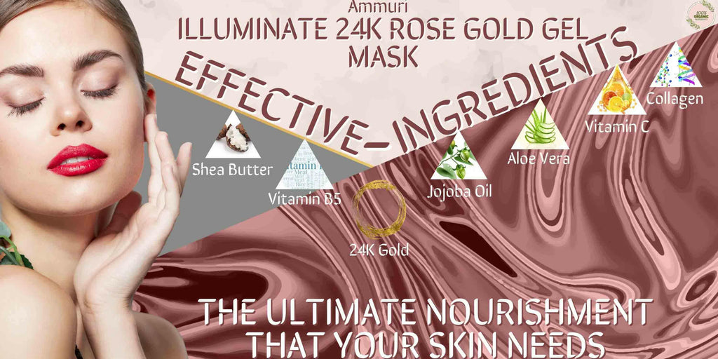 Ammuri Illuminate 24K Rose Gold Peel Off Mask displayed with effective ingredients like shea butter and vitamins