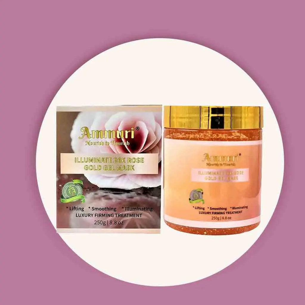 Ammuri Skincare 24K rose gold peel off mask in a jar with a decorative box for luxury skin treatment