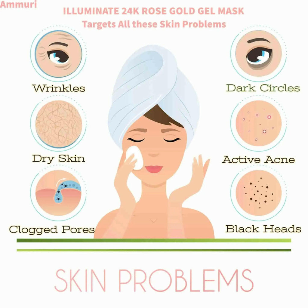 Ammuri Skincare ILLUMINATE 24K ROSE GOLD PEEL OFF MASK showing benefits for skin issues like wrinkles and dark circles