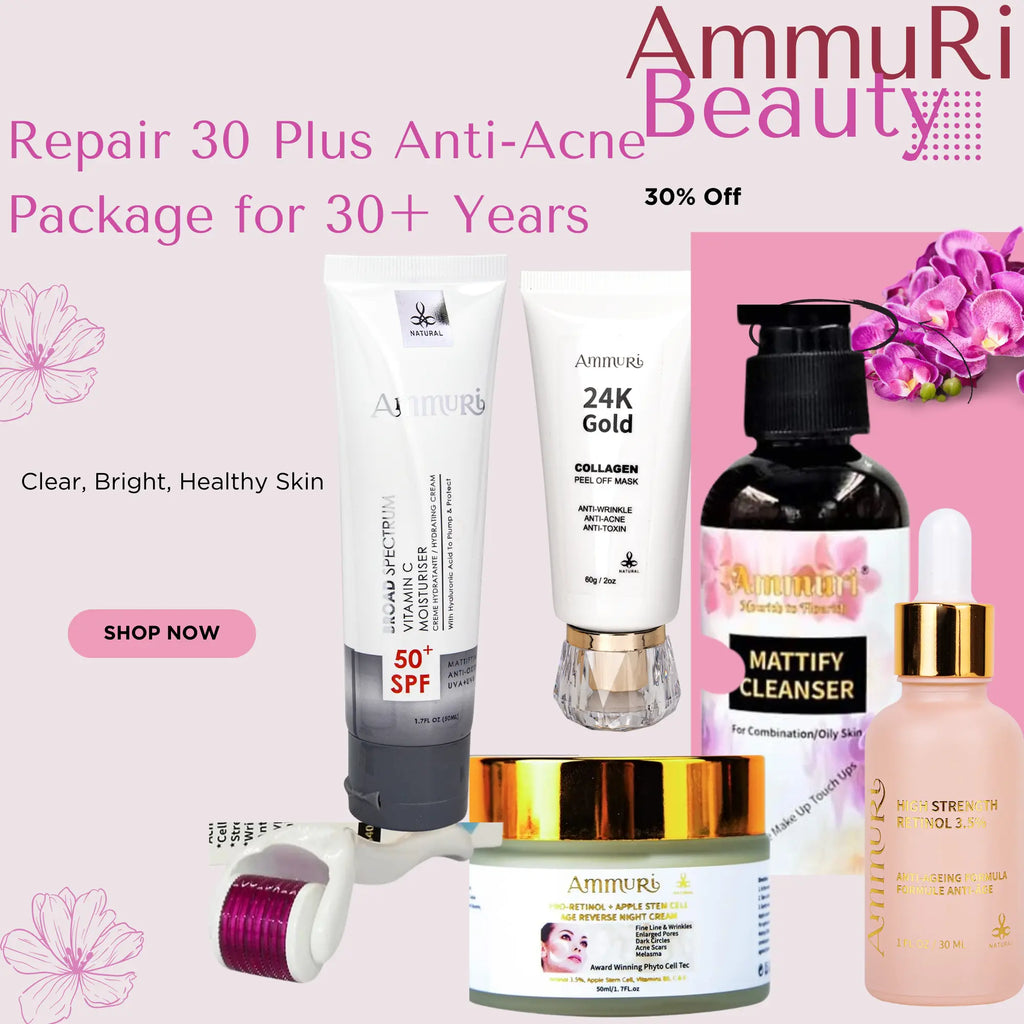 Ammuri Skincare 30 Plus Acne Treatment Package featuring multiple products for clear and bright skin