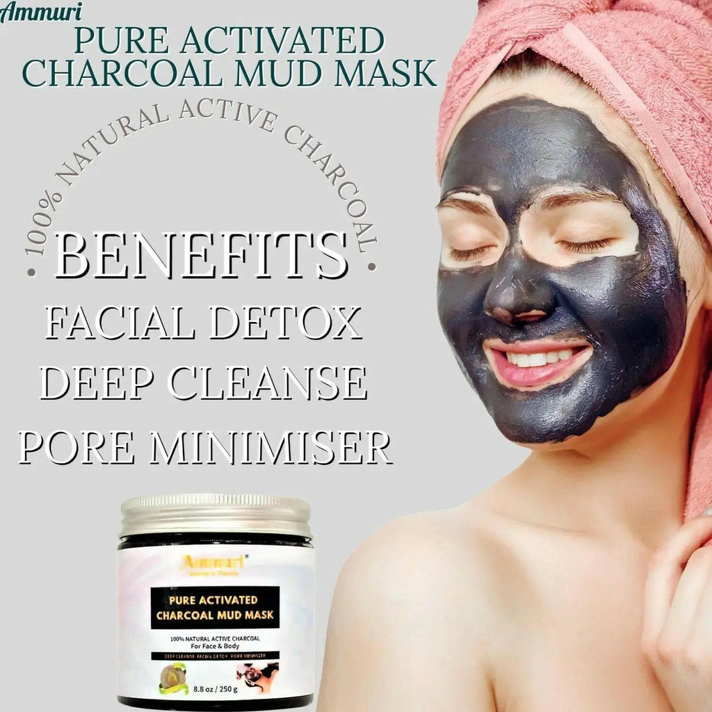Ammuri Pure Activated Charcoal Mud Mask in a jar with benefits like facial detox and deep cleanse