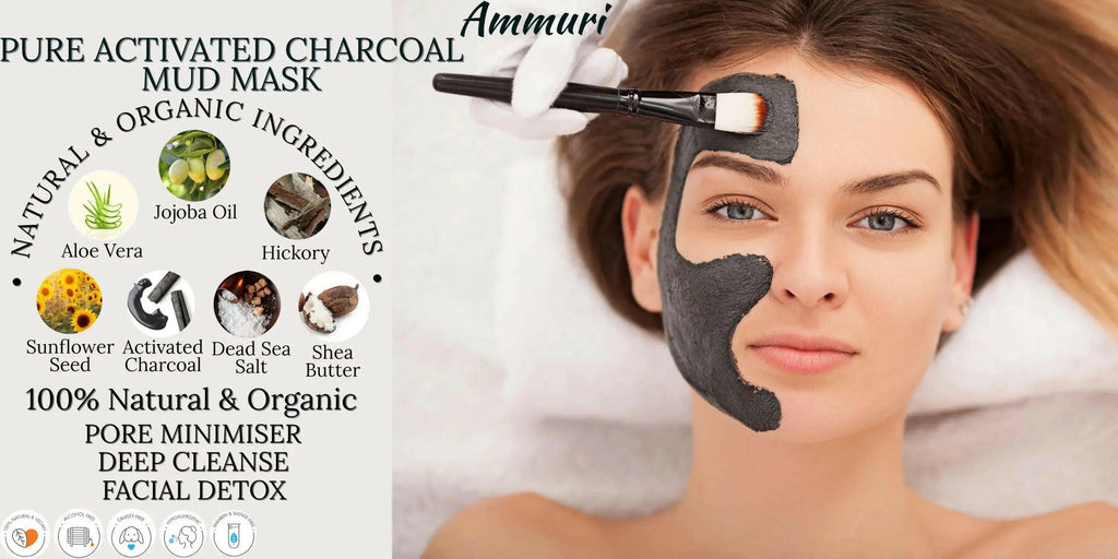 Ammuri Pure Activated Charcoal Mud Mask applied on a woman's face, showcasing natural ingredients for deep cleansing