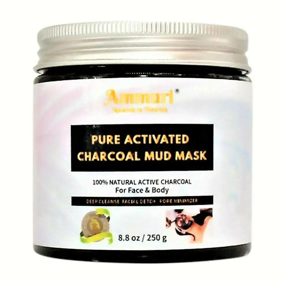 Ammuri Pure Activated Charcoal Mud Mask in a jar, ideal for deep cleansing the face and body