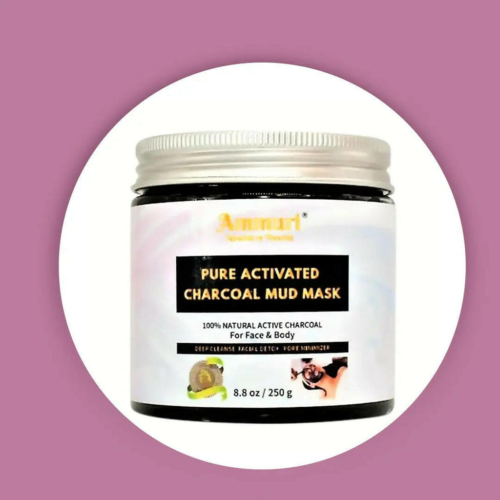 Ammuri Pure Activated Charcoal Mud Mask in jar, natural product for deep cleansing face and body