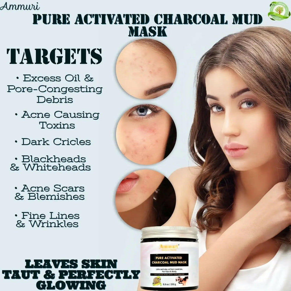 Ammuri Pure Activated Charcoal Mud Mask promoting skin clarity, targeting excess oil, dark circles, and blemishes.