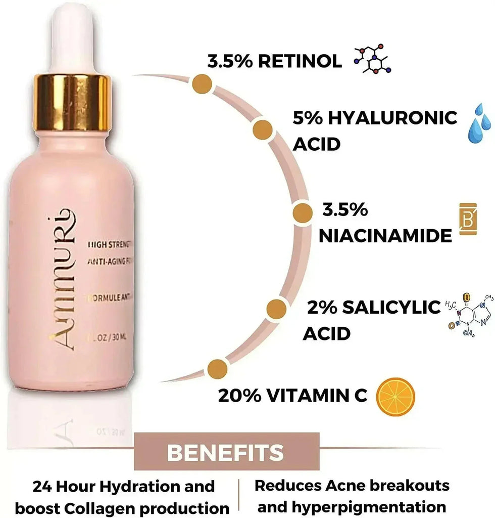 Ammuri Skincare High Volume Anti Aging Face Serum with Retinol, Hyaluronic Acid, and Vitamin C for skin rejuvenation