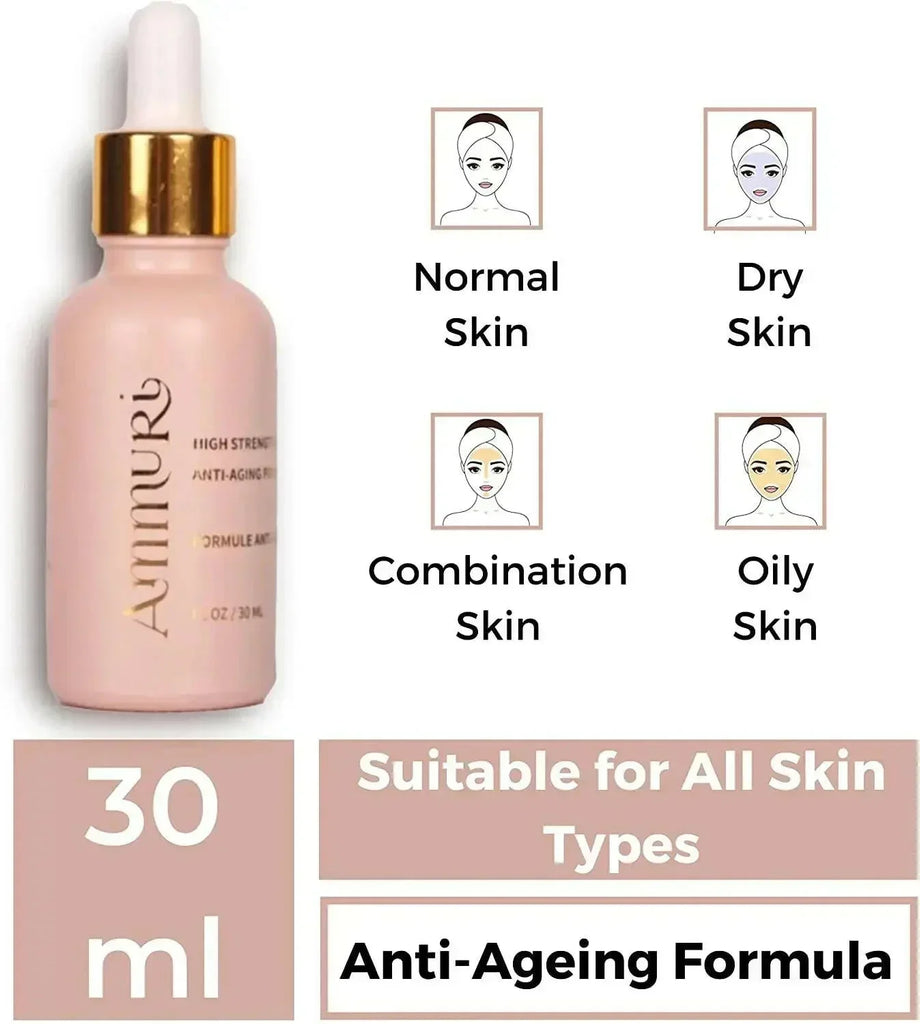Ammuri Skincare Retinol Face Serum in pink bottle, an anti aging face serum for all skin types