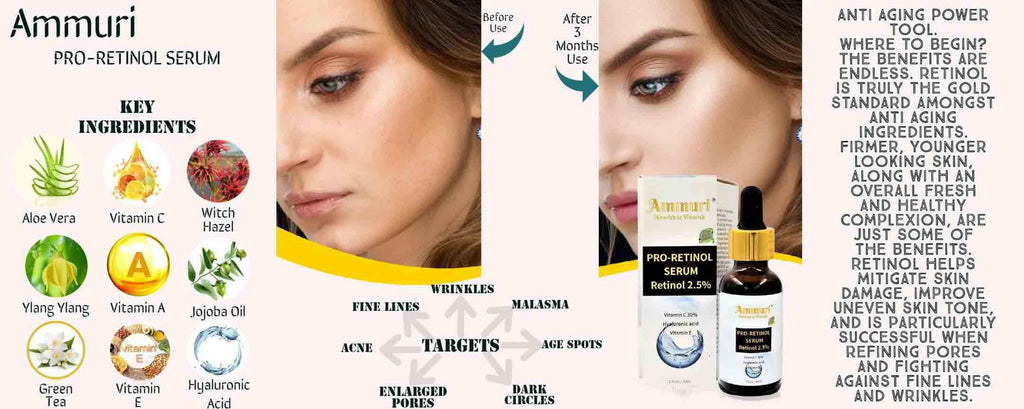 Ammuri Pro-Retinol 2.5% Face Serum bottle for anti aging retinol serum to reduce fine lines and improve skin texture