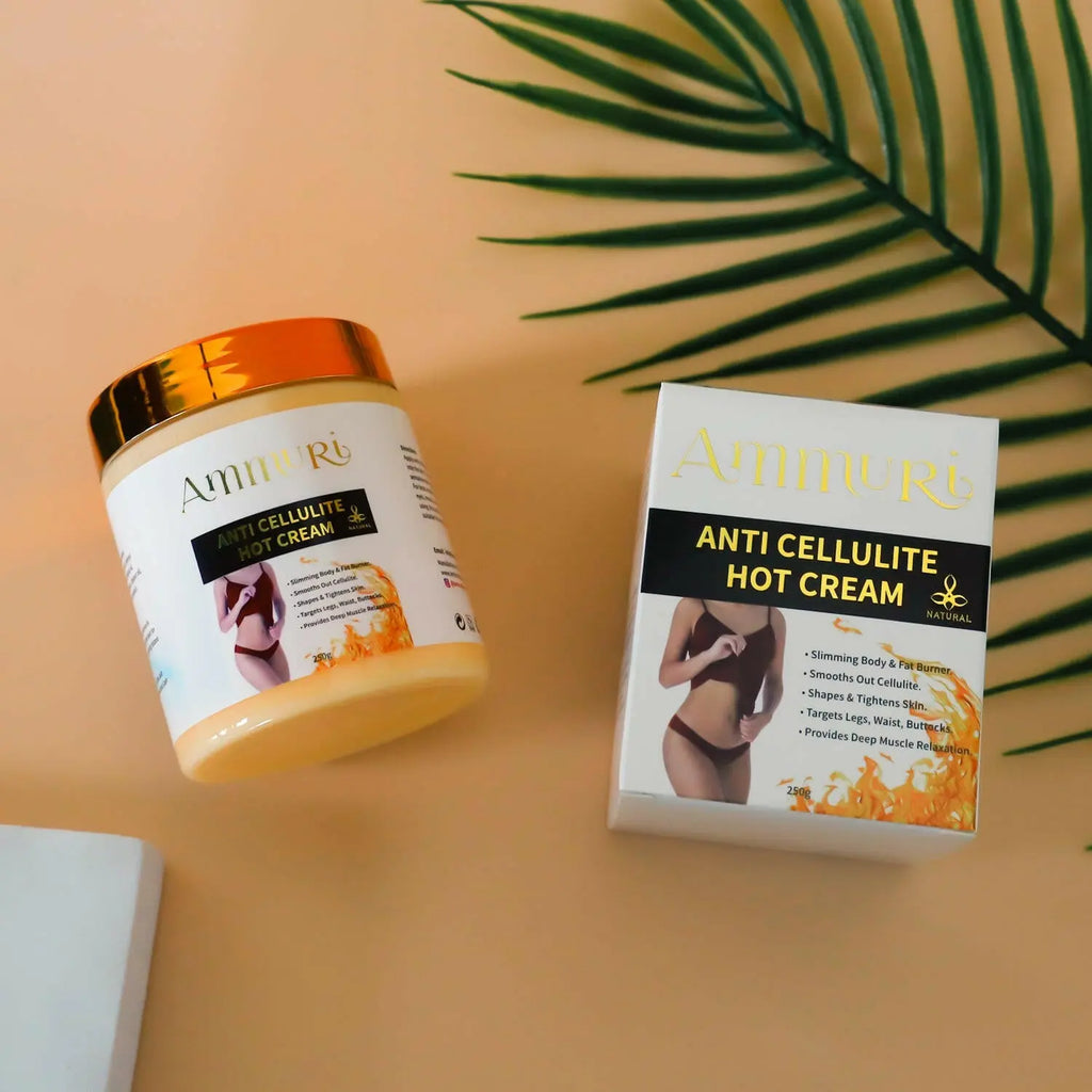 Ammuri Skincare anti-cellulite hot cream in jar with packaging, ideal for reducing cellulite appearance