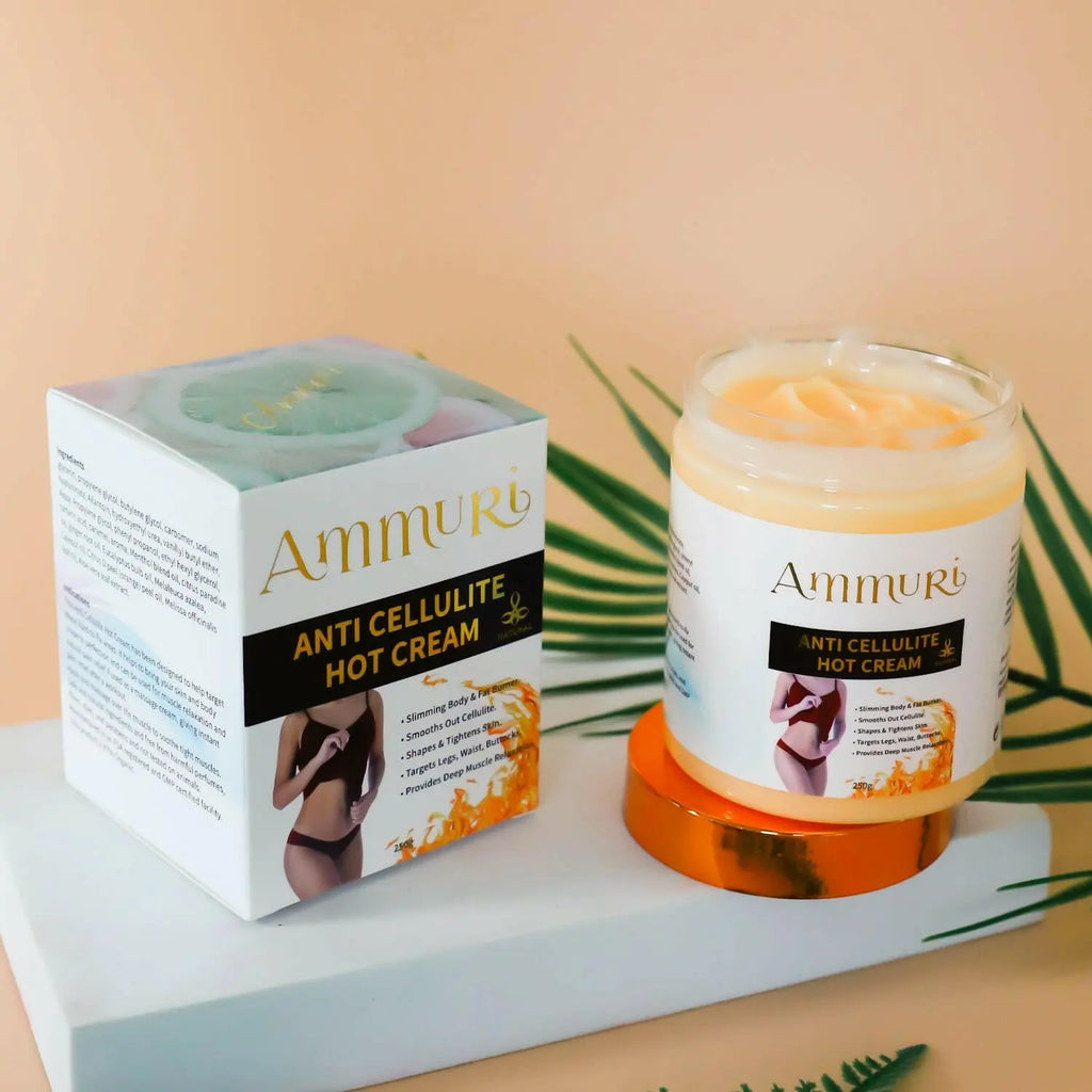 Ammuri Skincare anti-cellulite hot cream jar with packaging for skin smoothing and toning benefits
