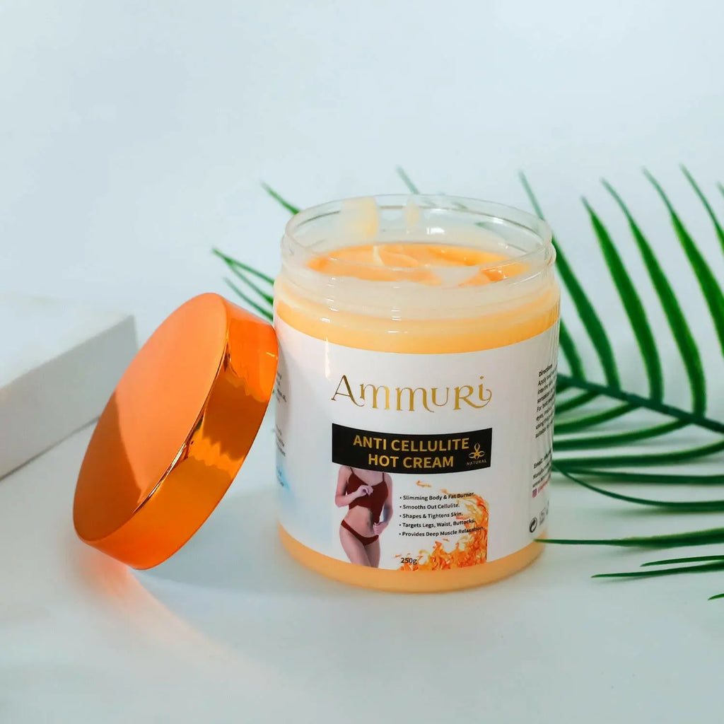 Ammuri Skincare Anti-Cellulite Hot Cream in a jar with vibrant orange lid, perfect for reducing cellulite