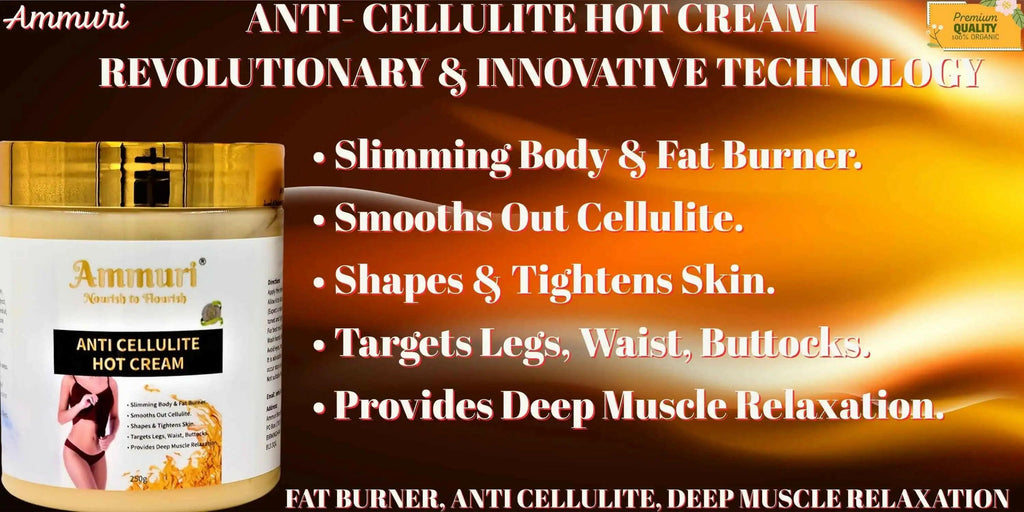 Ammuri anti-cellulite hot cream in a gold jar for slimming, cellulite smoothing, and muscle relaxation