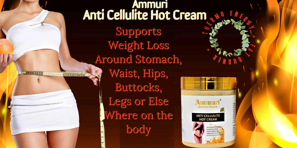 Ammuri anti-cellulite hot cream jar with a woman measuring her waist, promoting weight loss benefits