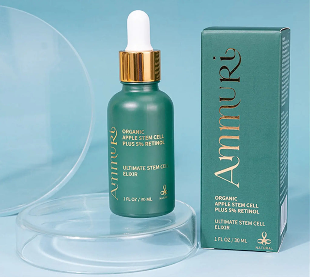 Ammuri Retinol Serum 5% in a green glass bottle with dropper, featuring Apple Stem Cell Retinol Serum box