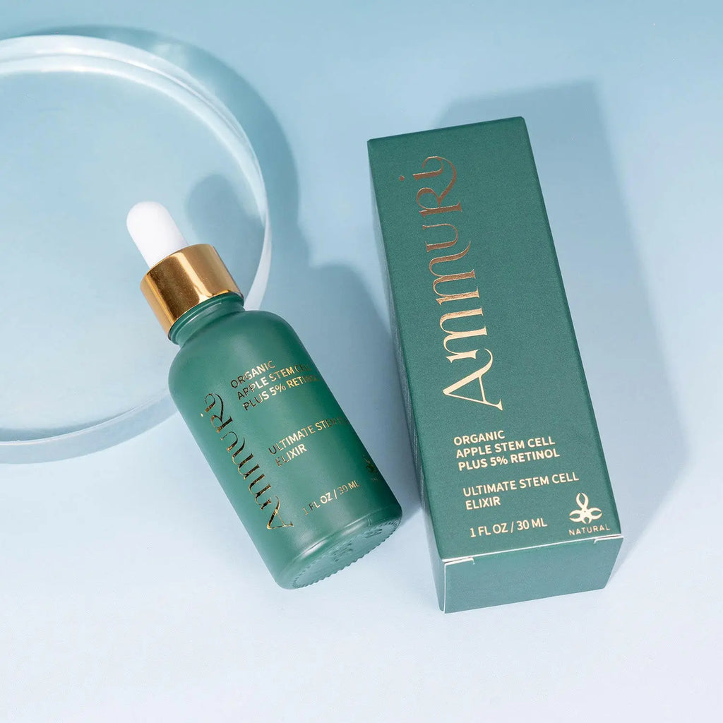 Ammuri Organic Apple Stem Cell Retinol Serum 5% in green bottle with gold dropper and elegant packaging