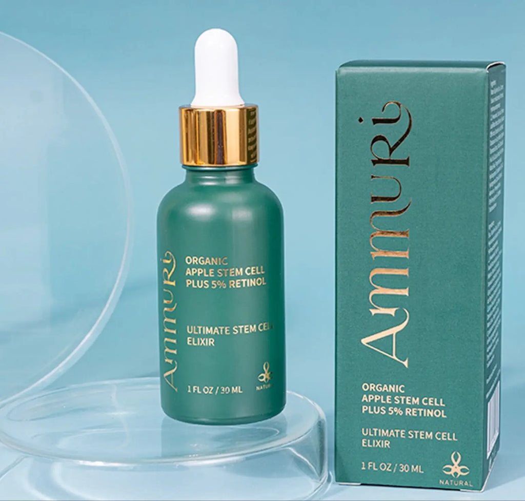 Ammuri Apple Stem Cell Retinol Serum 5% in green glass bottle with dropper and branded packaging