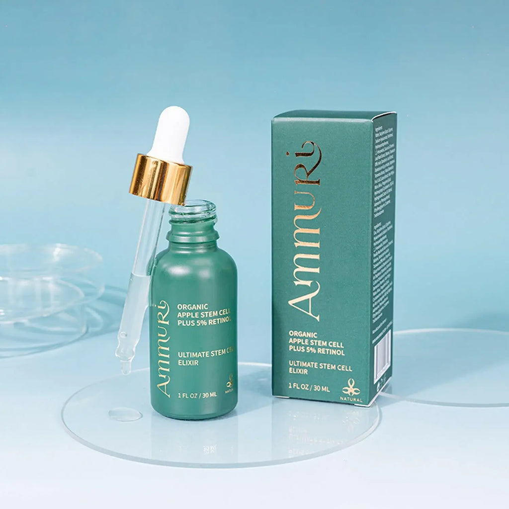 Ammuri Apple Stem Cell Retinol Serum 5% in green glass bottle with dropper and stylish packaging