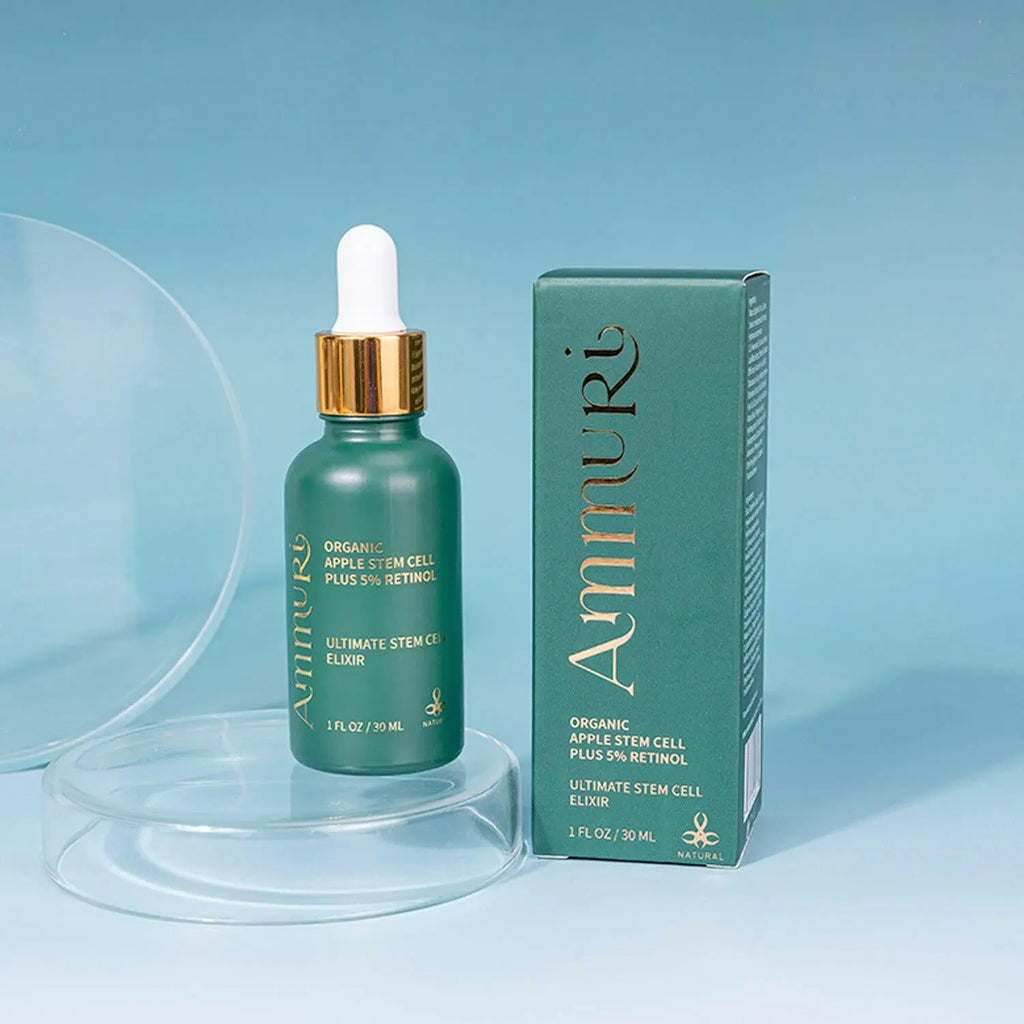 Ammuri Apple Stem Cell Retinol Serum 5% in green bottle with dropper and elegant packaging