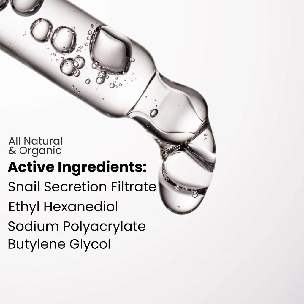 Bioactive snail repair serum featuring organic ingredients like snail secretion filtrate for anti-aging benefits