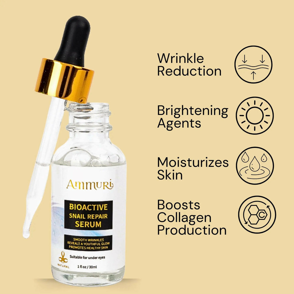 Ammuri Bioactive Snail Repair Serum bottle with dropper, promoting skin hydration and anti-aging benefits