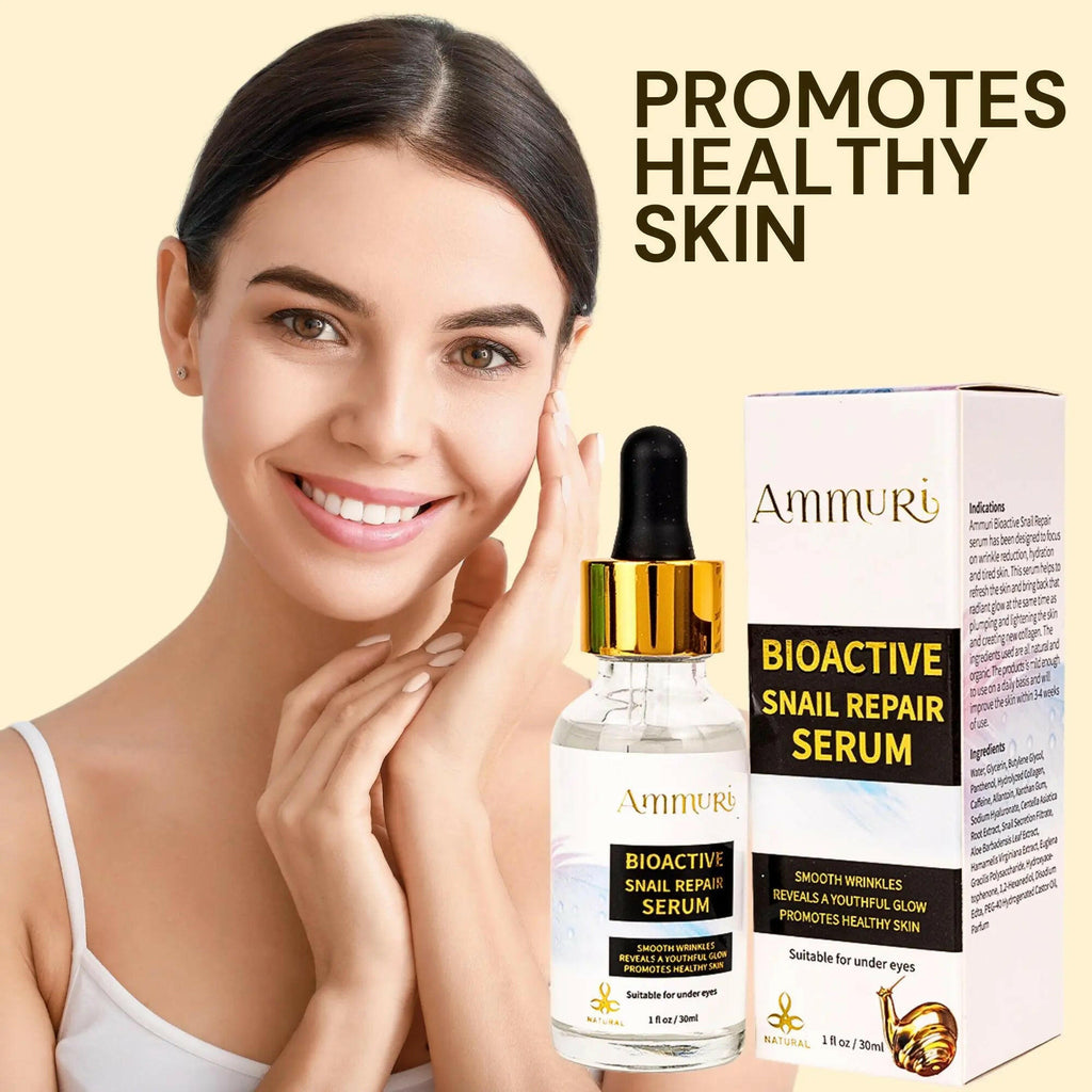 Ammuri Bioactive Snail Repair Serum in a glass bottle promoting healthy skin for anti-aging benefits.