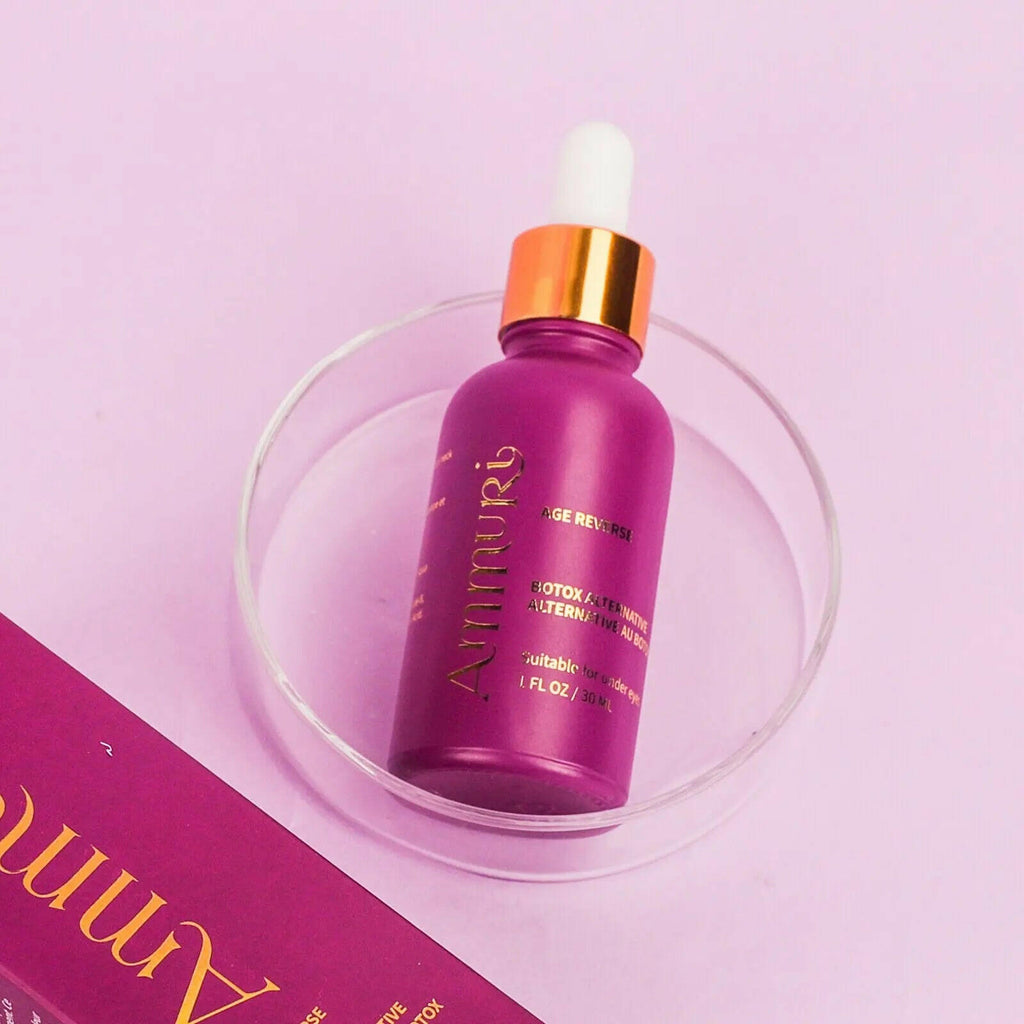 Ammuri Age Reverse Agireline Peptide, Matrixyl 3000 Botox anti-ageing serum in a purple glass dropper bottle
