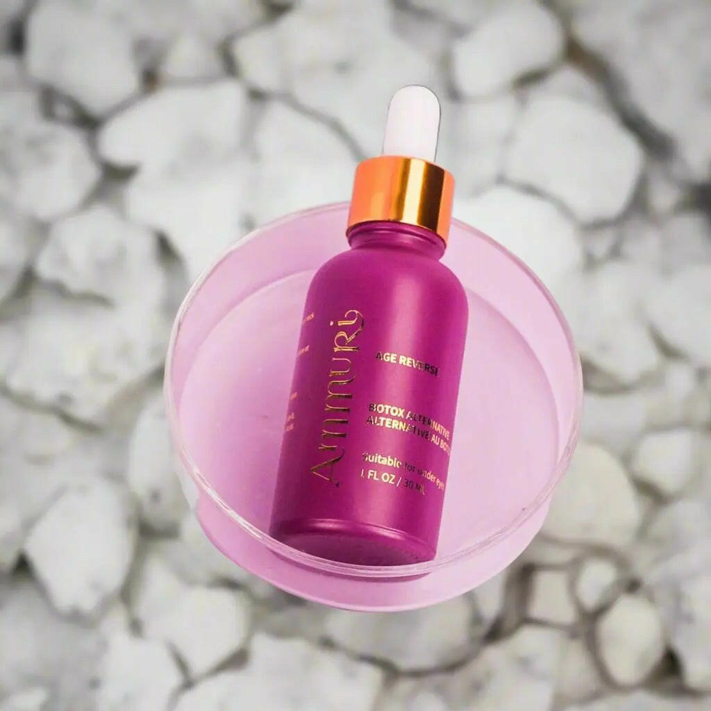 Ammuri Age Reverse Agireline Peptide Matrixyl 3000 Botox anti-ageing serum in a purple bottle with dropper
