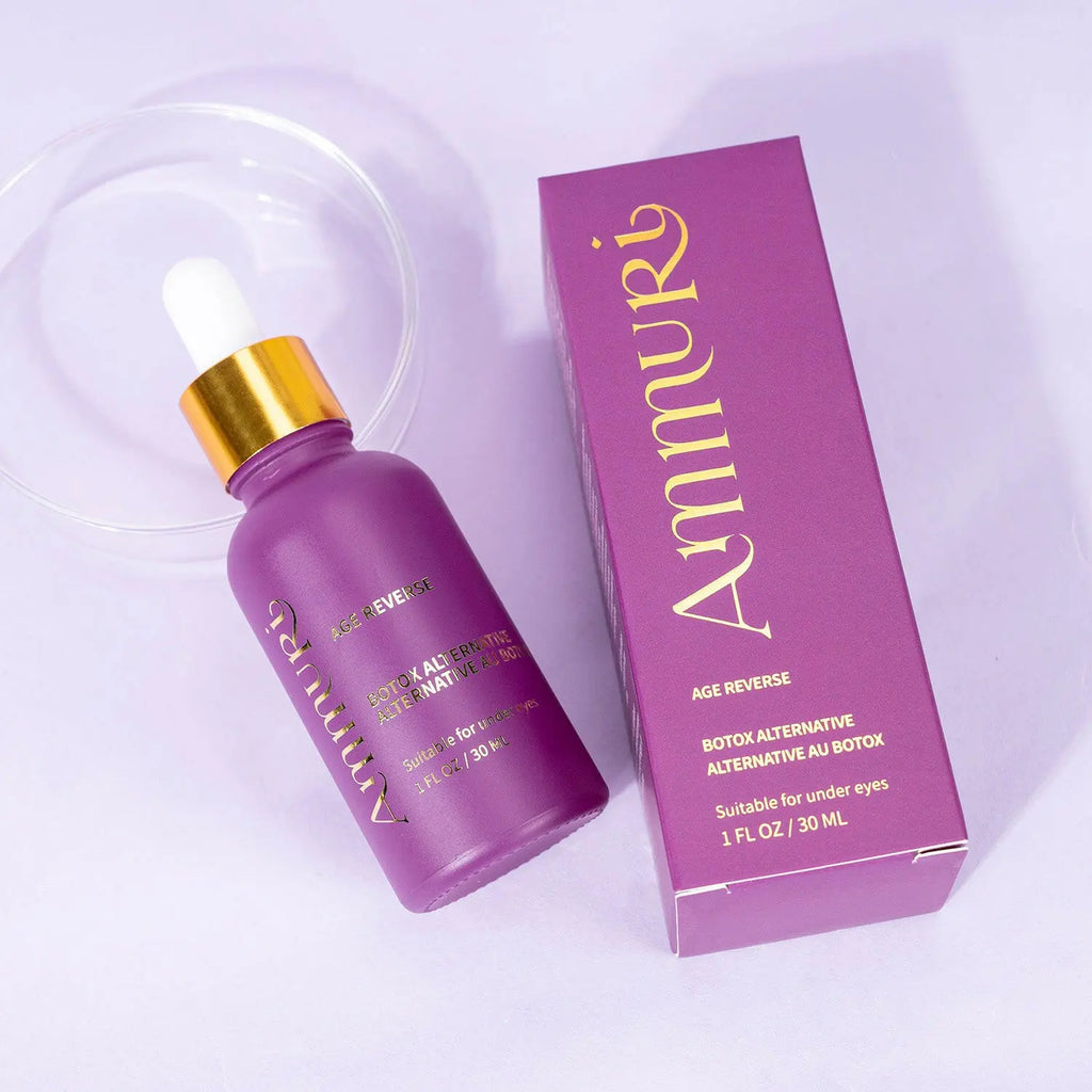 Ammuri Age Reverse Agireline Peptide Matrixyl 3000 Botox anti-ageing serum in purple bottle with dropper