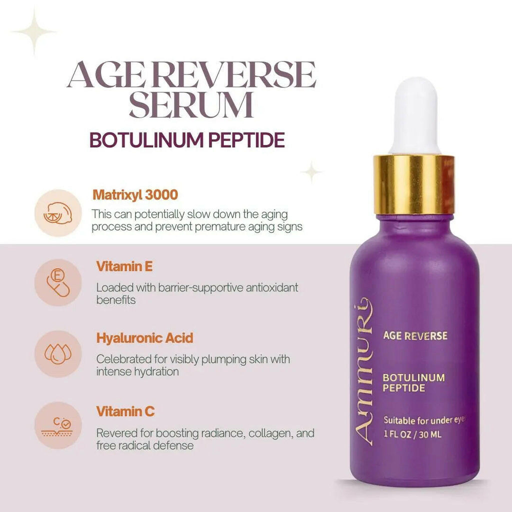 Ammuri Age Reverse Agireline Peptide Botox anti-ageing serum in purple bottle with dropper for youthful skin