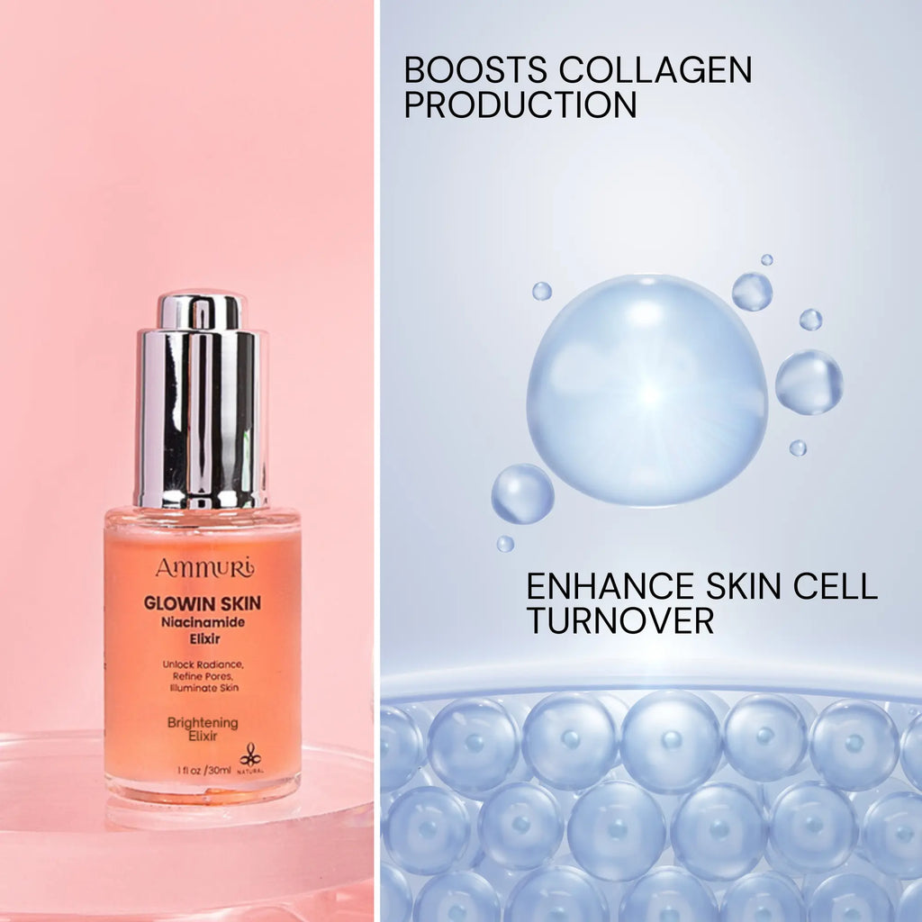 Ammuri Beauty Brightening Facial Serum in a glass bottle, promoting collagen production and skin cell turnover